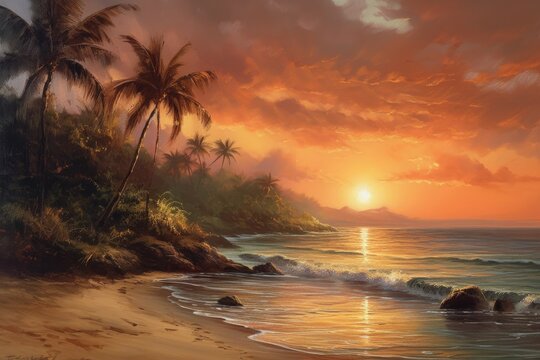 Oil Painting - A serene beach scene at sunset