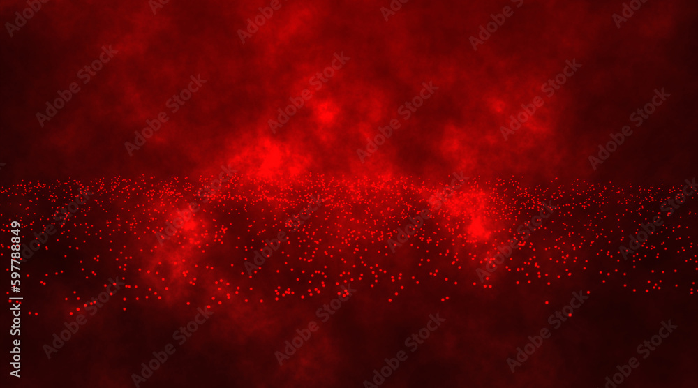 Poster abstract red with dust particle on the white background. beautiful wave shaped array of glowing dots