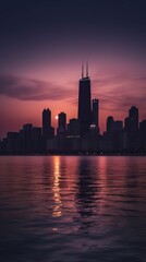 Fototapeta na wymiar Cityscape of chicago at dusk with lights from the skyline. Generative AI