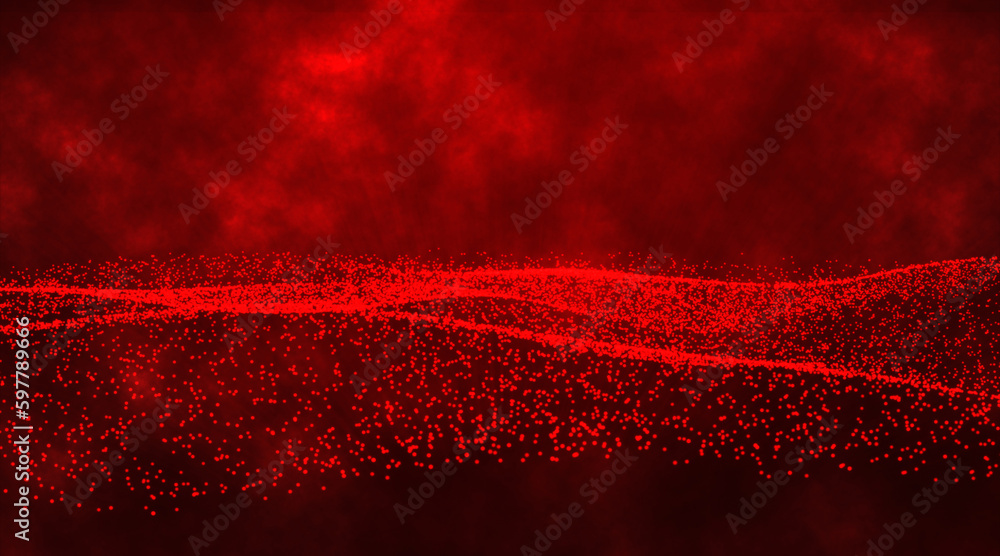 Poster flowing red dots particles wave pattern halftone gradient curve shape isolated on red smoke backgrou