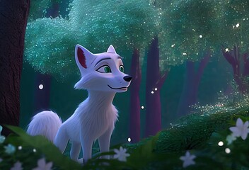 Abstract Cartoon White Fox In Dreamy Forest Generative AI