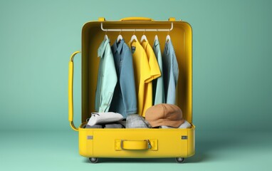 Yellow suitcase for travel with things on the background. Travel, summer vacation, vacation. Photography, AI