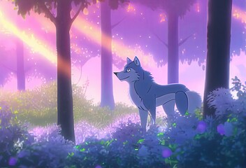 Abstract Cartoon Wolf In Enchanted Forested Area Background Generative AI