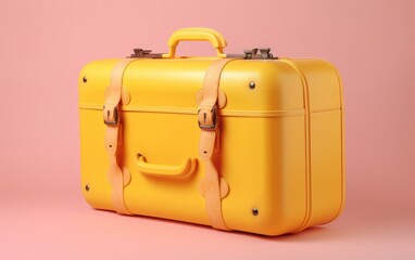 yellow travel suitcase on pink background, photo, ai