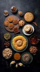 Fototapeta na wymiar Saudi Arabian sweets, flat lay, top view assorted cookies and traditional desserts, AI generative overhead view of knolling arrangement