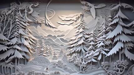 Traditional christmas paper cut art piece with a snowy landscape. Generative AI