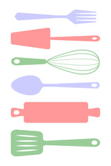 Set of  silhouettes kitchen tools fork spoon knife rolling pin ladle board for cutting culinary banner with place for your text vector illustration isolated on white background