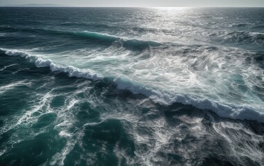 Fototapeta na wymiar Waves in the ocean, view from above, water splashes, wallpaper, photo, AI