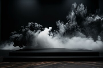 Abstract presentation stage with mist. Minimalist black backdrop. Clearance. Generative AI