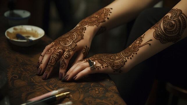 Mehndi master drawing henna tattoo on female hand in salon, generative ai