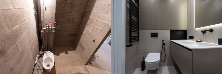 Comparison of freshly renovated apartment with marble floor, old place with underfloor heating...