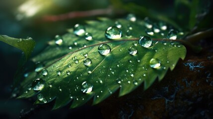 Close up view of raindrops on green leaf. Generative AI