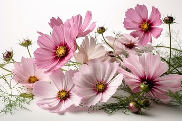 Floral arrangement of delicate pink cosmos flowers on a white or transparent background. Generative AI