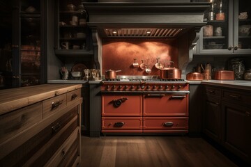 Luxury kitchen in bold rust colour with hardwood floors, lit stove and chimney. Generative AI