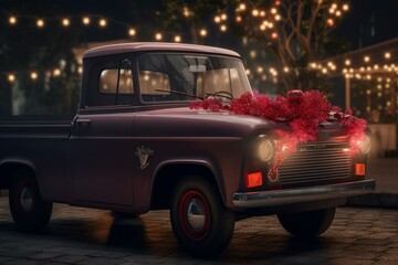 Valentine's design with a pickup truck, hearts and love that can be used for backdrops, stickers, bags or mugs. Generative AI