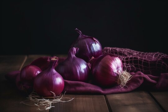 Purple onions on a wooden table with cloth bag nearby. Generative AI