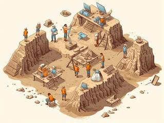 3D isometric illustration of several archaeologists carrying out excavation work at an archaeological site. Various other activities such as sample analysis and planning are also being done there.
