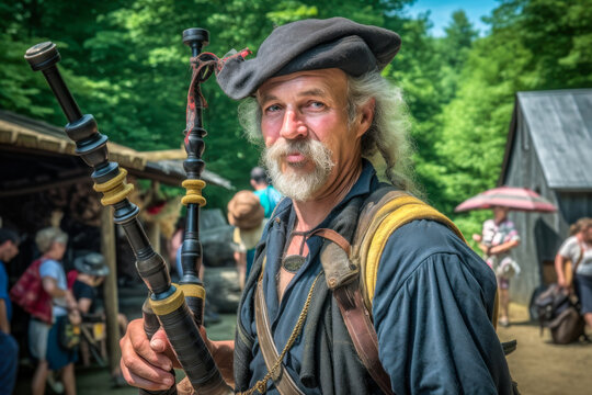 Musician with bagpipes at a renaissance fair. Generative AI