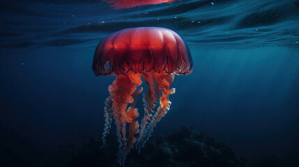 Fototapeta na wymiar Red jellyfish dancing in the blue ocean water, compass jellyfish, wildlife, generative ai