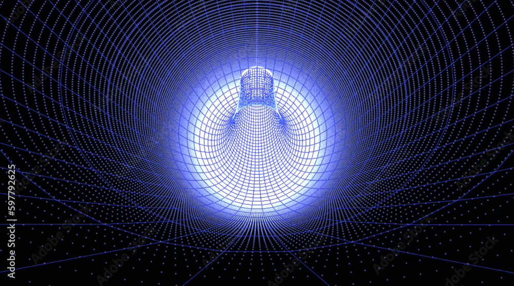 Poster wireframe polygonal element. black and white wireframe geometric shapes tunnel grid on a black backg