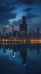 Obraz premium Cityscape of chicago at dusk with lights from the skyline. Generative AI