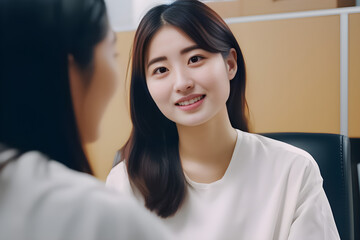 Obraz premium A clinical photo of a young Asian woman engaging in a conversation with a female doctor about her health. generative AI.