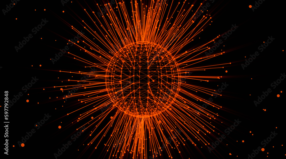 Poster digital technology plexus structure. big data. plexus effec. sphere of connected nodes. cluster net.