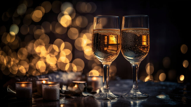 New Year Celebration - Toast With Champagne And Fireworks - Defocused Bokeh Lights Background, generative ai