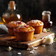 Muffins with almond flakes and flowers