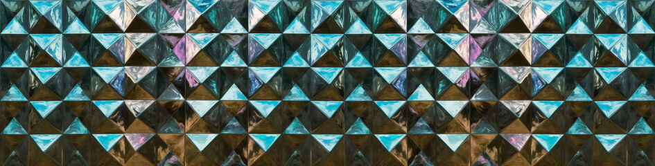 Reflection of neon lights on metallic surfaces with concave and convex pyramids 3D texture, generative ai horizontal banner 