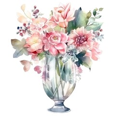watercolor flowers ,bouquet in a pretty glass vase , Generative AI	
