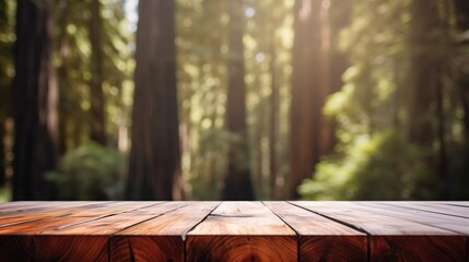 Empty wooden table for product display background, banner and product advertisement mock up with a beautiful spruce forest behind, AI generated