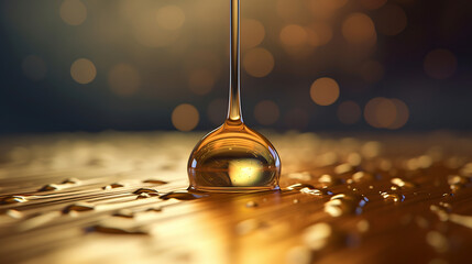 Drop of golden oil - concept of wellness and beauty products - 3D illustration, generative ai