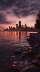 Fototapeta premium Cityscape of chicago at dusk with lights from the skyline. Generative AI