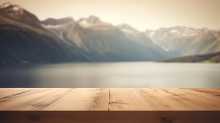 Empty wooden table for product display background, banner and product advertisement mock up with beautiful lake and mountains behind, AI generated