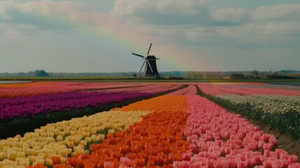 Colorful open field with beautiful tulips. Generative AI