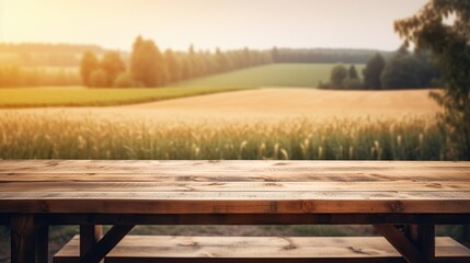 Fototapeta premium Empty wooden table for product display background, banner and product advertisement mock up with a beautiful field behind, AI generated