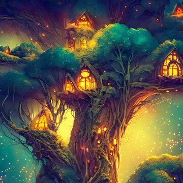 Lothlorien houses on treetops with fireflies illustration