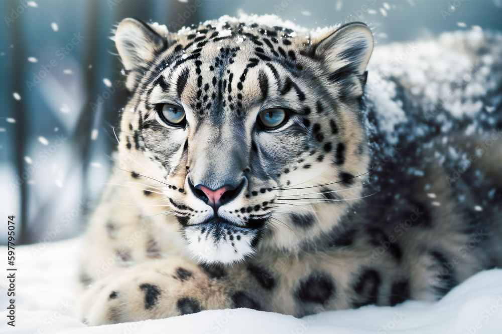 Aufkleber snow leopard in winter. created with generative ai technology.