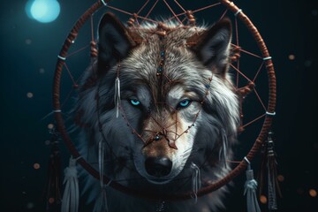 Angry wolf caught in dreamcatcher. Generative AI - obrazy, fototapety, plakaty