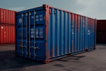 A closed 20ft sea container in blue used for freight transportation services made from metal, with a red color. An illustrated 3D image from sea tare production concept. Generative AI