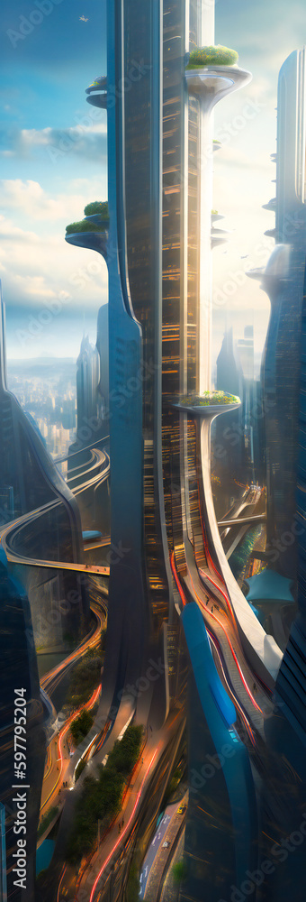 Poster a tall tower in a futuristic city. created with generative ai technology.