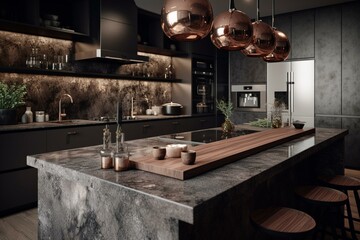 Fototapeta na wymiar Contemporary metallic kitchen counter (3D visualization). Generative AI