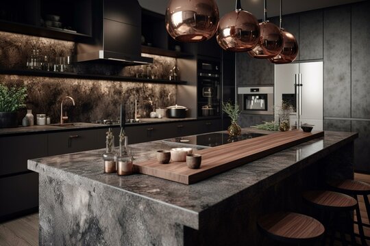 Contemporary metallic kitchen counter (3D visualization). Generative AI