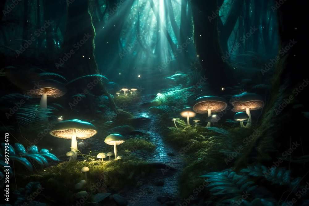Poster enchanted forest at night, with luminescent mushrooms and luminous particles floating around. create