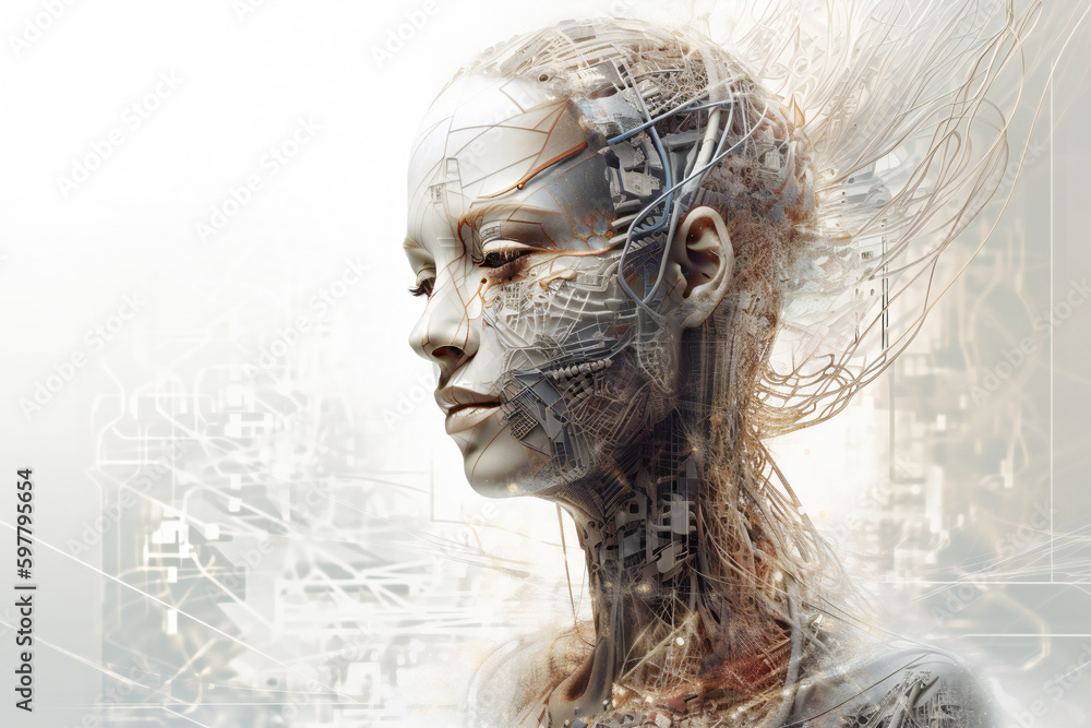 Poster illustration of a beautiful female android head. robotic and artificial intelligence concept. create