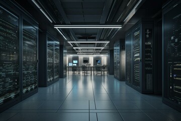Fototapeta na wymiar 3D view of a functioning office and server room, with multiple operational server racks. Generative AI