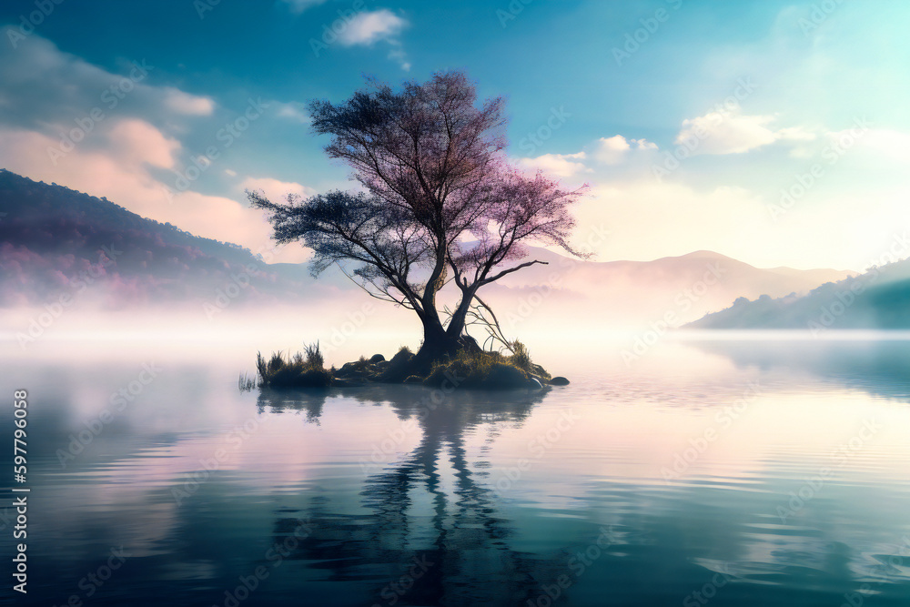 Poster illustration of a lone tree on a lake. isolation and loneliness concept. created with generative ai 