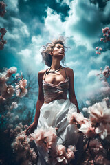 Heavenly illustration of a beautiful young woman surrounded by clouds and flowers. Concept of serenity, calm and tranquility. Created with Generative AI technology.