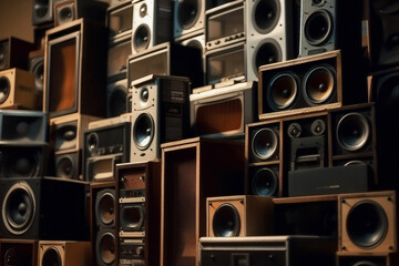 A large stack retro old speakers. Digitally generated ai image - obrazy, fototapety, plakaty